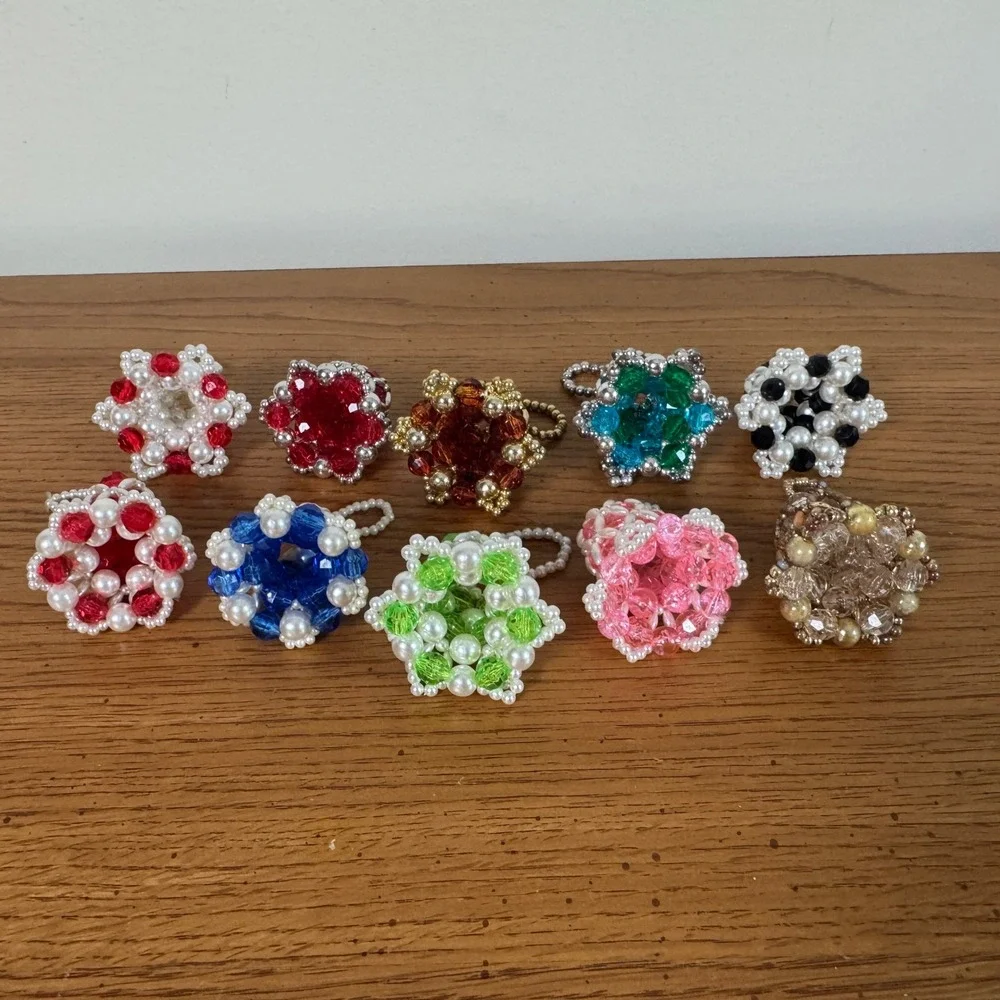 Vintage Lot of 10 Handmade Beaded Bell Christmas Ornaments Faux Pearl‎ MCM Retro